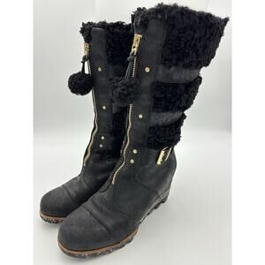 Sorel Helen Wedge Heel Tall Boot Black Leather Shearling Size 8.5 Buckle Lugsole